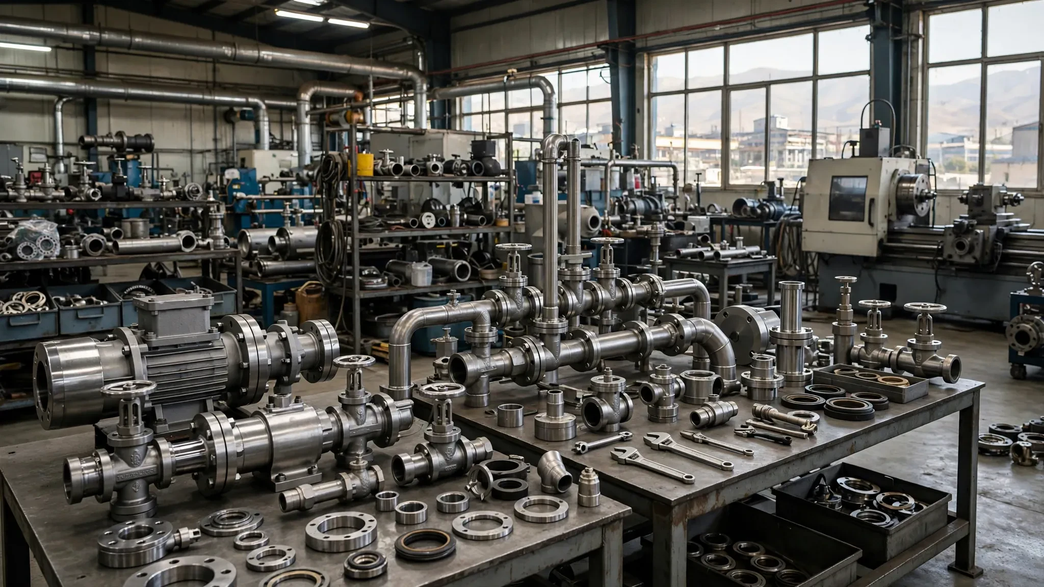 Industrial pump and valve equipment in a manufacturing facility